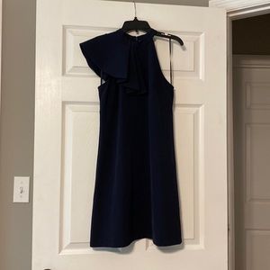 Navy shift dress with asymmetrical neckline